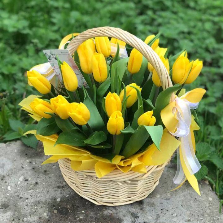 25 желтых тюльпанов в корзине в Архангельске