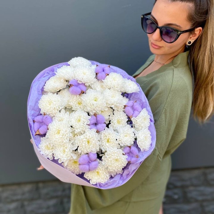  Букет  хризантем и хлопка в Архангельске